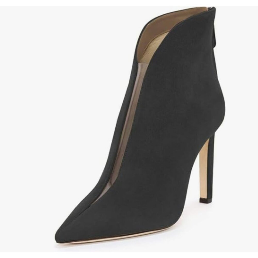 YDN Black Pointed Toe V Cut Ankle Booties High Heel Faux Suede PVC Zippers Shoe